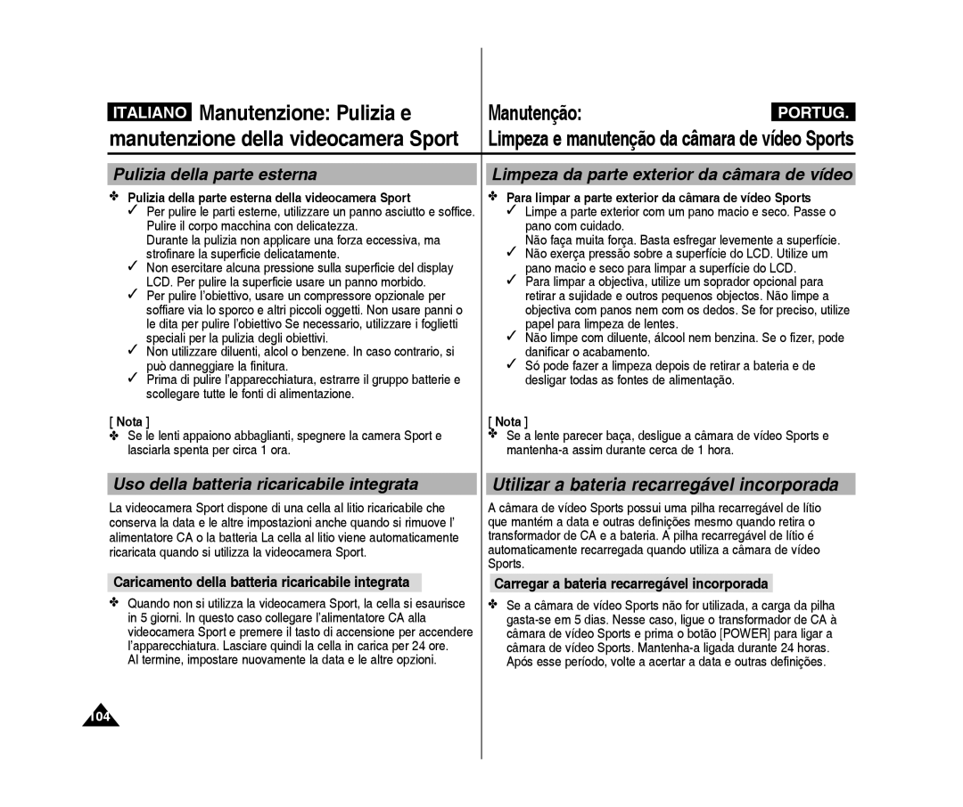 Samsung VP-X300/XET, VP-X300L/XET manual Pulizia della parte esterna, Limpeza da parte exterior da câmara de vídeo 