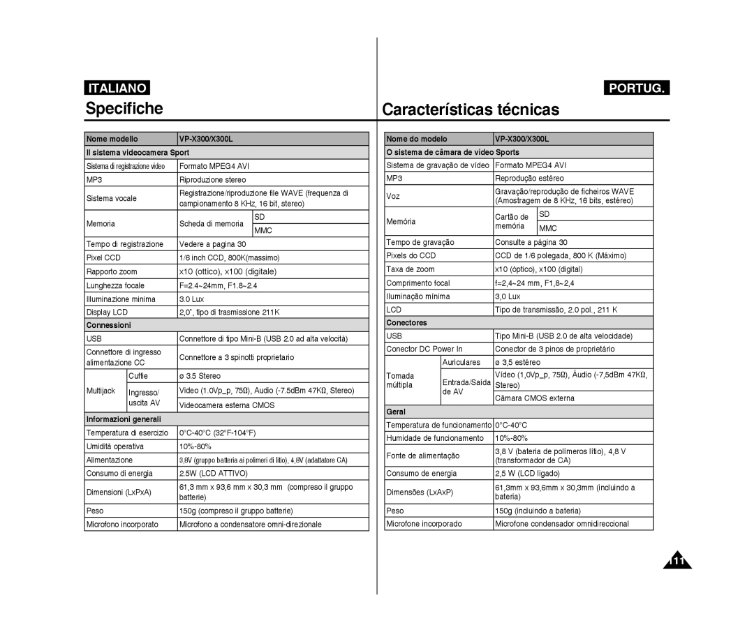 Samsung VP-X300L/XET, VP-X300/XET manual Specifiche Características técnicas, 111 