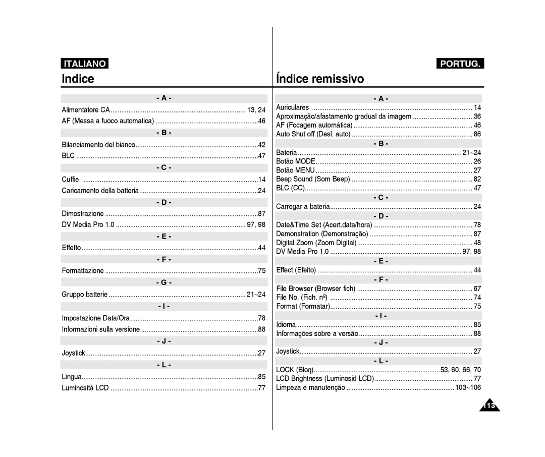 Samsung VP-X300L/XET, VP-X300/XET manual Indice Índice remissivo, 21~24, 103~106, 113, 53, 60, 66 