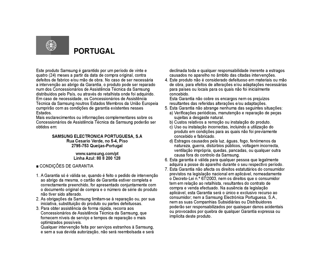 Samsung VP-X300/XET, VP-X300L/XET manual Portugal 