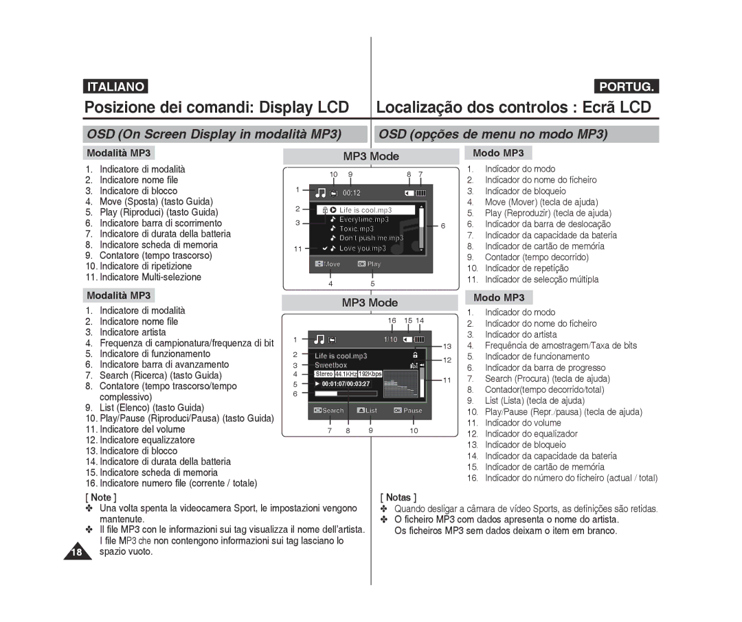 Samsung VP-X300/XET, VP-X300L/XET manual MP3 Mode, Modalità MP3, Modo MP3, Notas, Play/Pause Riproduci/Pausa tasto Guida 