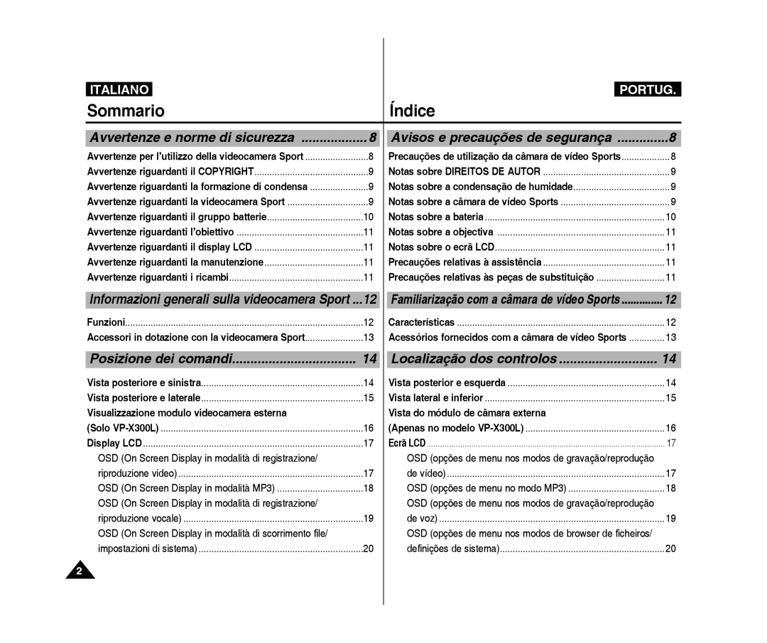 Samsung VP-X300/XET, VP-X300L/XET manual Sommario Índice, Avisos e precauções de segurança, Localização dos controlos 