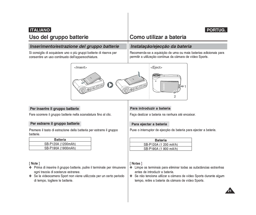 Samsung VP-X300L/XET manual Per inserire il gruppo batterie, Per estrarre il gruppo batterie, Para introduzir a bateria 