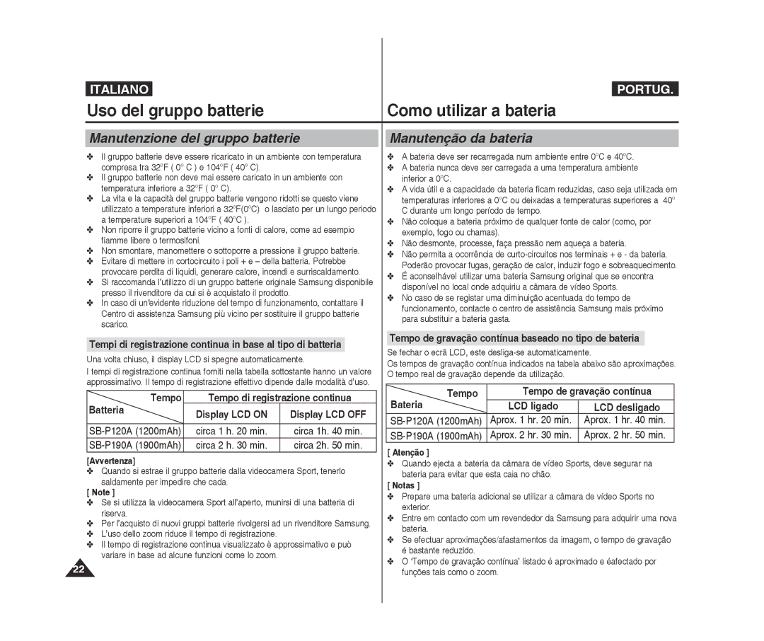 Samsung VP-X300/XET, VP-X300L/XET manual Manutenzione del gruppo batterie, Manutenção da bateria 