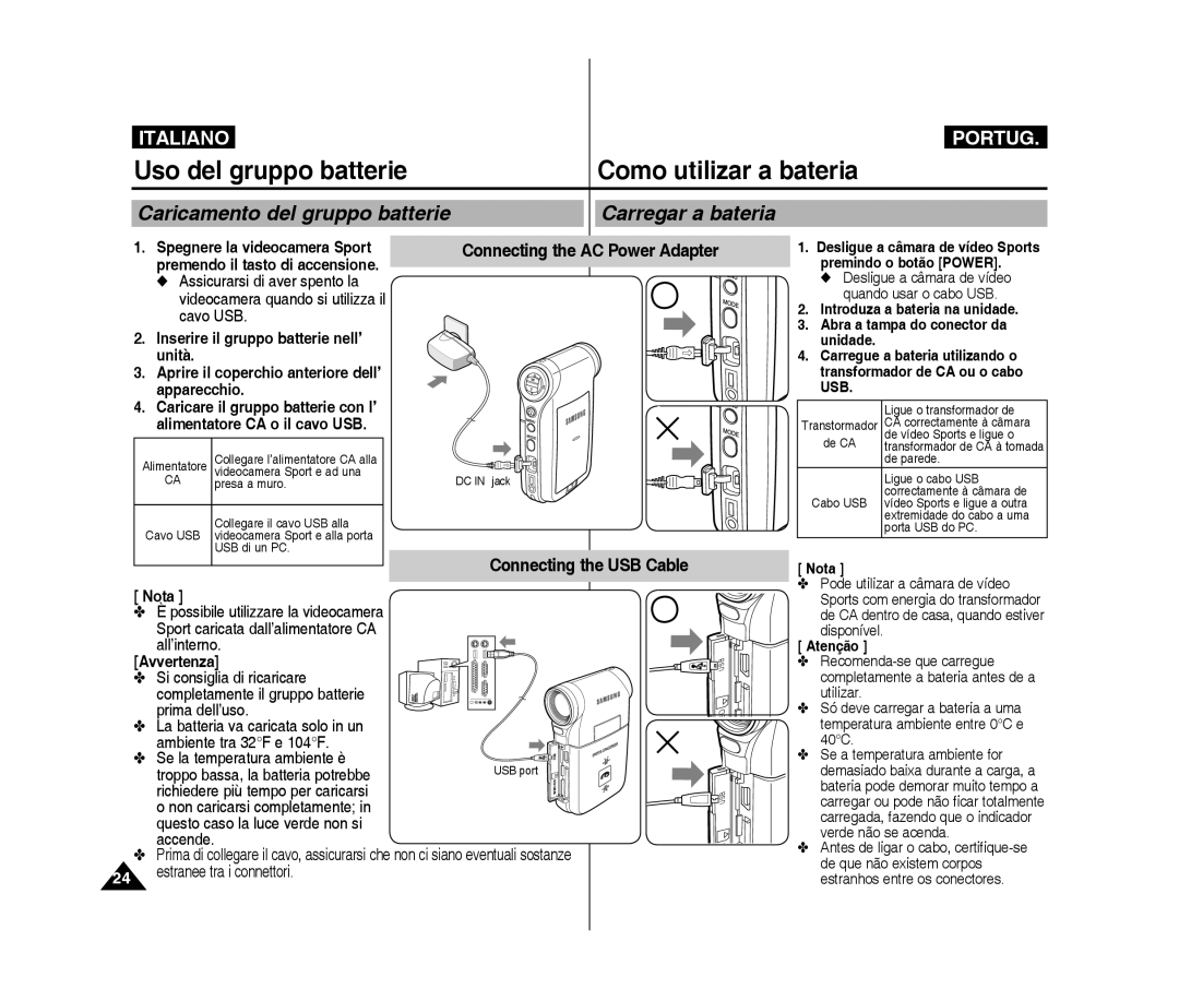 Samsung VP-X300/XET manual Caricamento del gruppo batterie Carregar a bateria, Connecting the AC Power Adapter, Avvertenza 