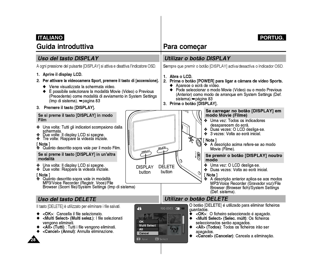 Samsung VP-X300/XET, VP-X300L/XET manual Guida introduttiva Para começar, Uso del tasto Display, Utilizar o botão Display 