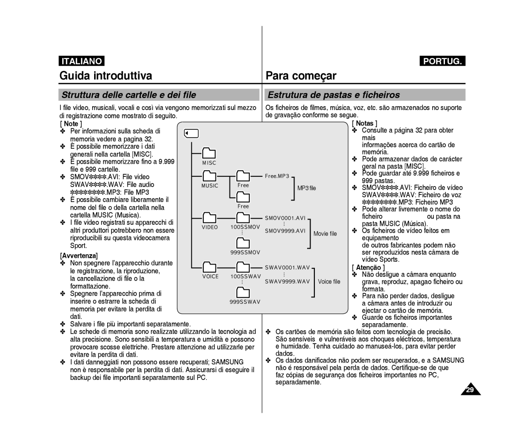 Samsung VP-X300L/XET, VP-X300/XET manual Struttura delle cartelle e dei file, Estrutura de pastas e ficheiros, Atenção 