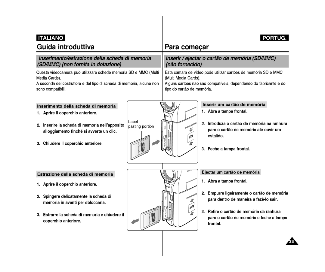 Samsung VP-X300L/XET, VP-X300/XET manual Inserir / ejectar o cartão de memória SD/MMC não fornecido, Label Pasting portion 