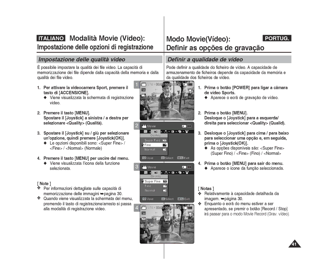 Samsung VP-X300L/XET manual Tasto di accensione, Aparece o ecrã de gravação de vídeo, Super Fino / Fine Fino / Normal 