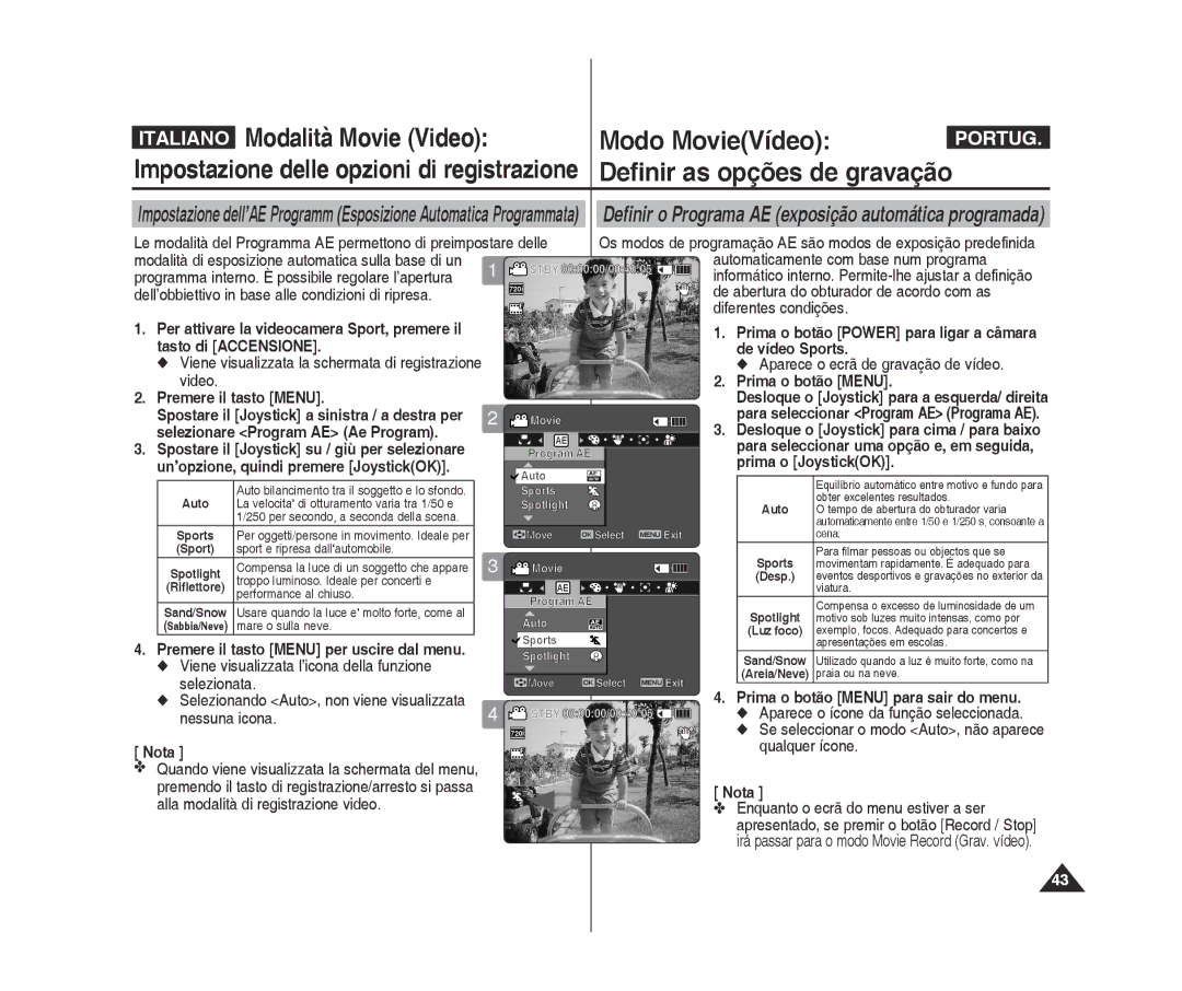 Samsung VP-X300L/XET, VP-X300/XET manual Tasto di accensione De vídeo Sports, Nota, Qualquer ícone 