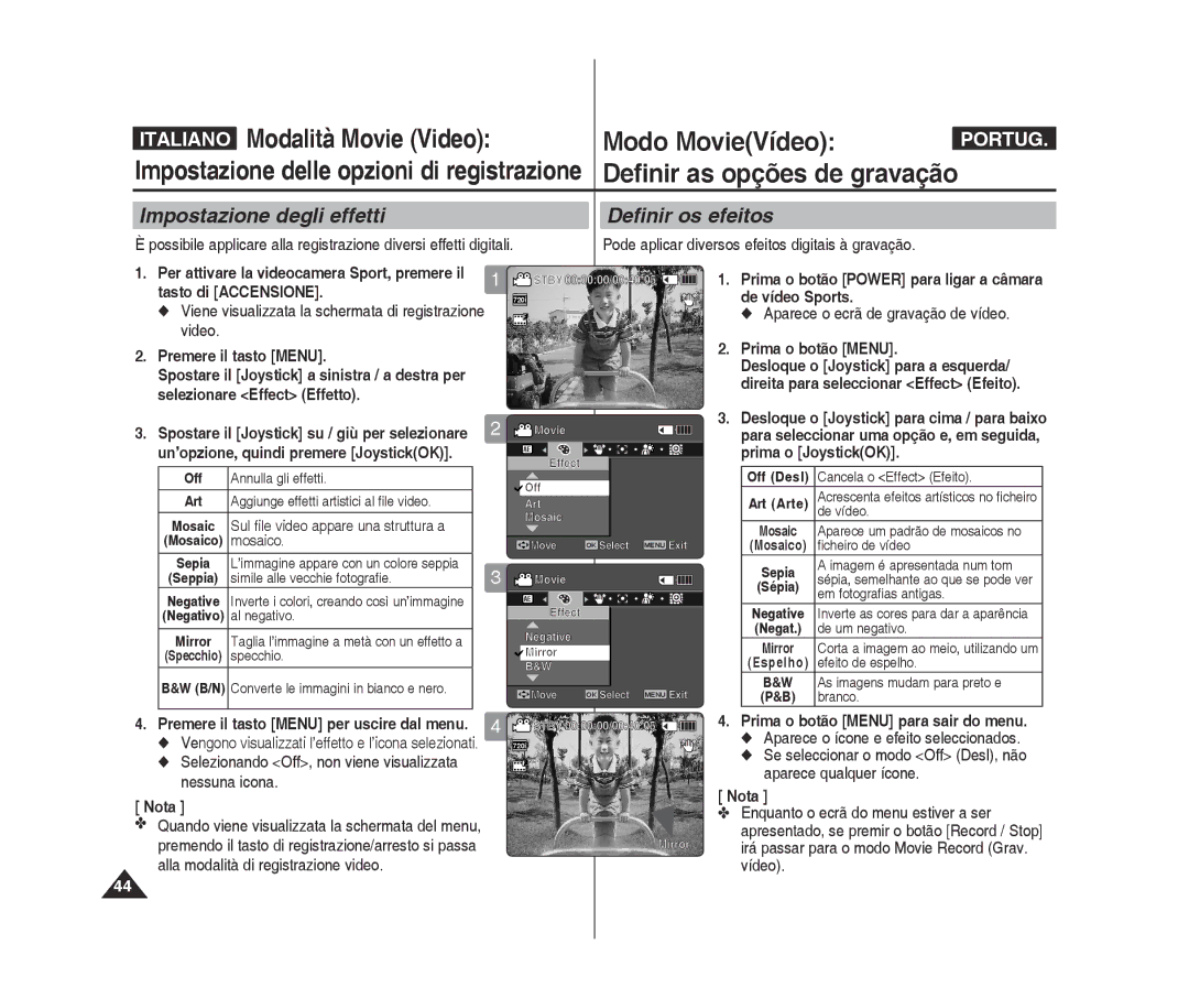 Samsung VP-X300/XET Impostazione degli effetti Definir os efeitos, Selezionando Off, non viene visualizzata nessuna icona 