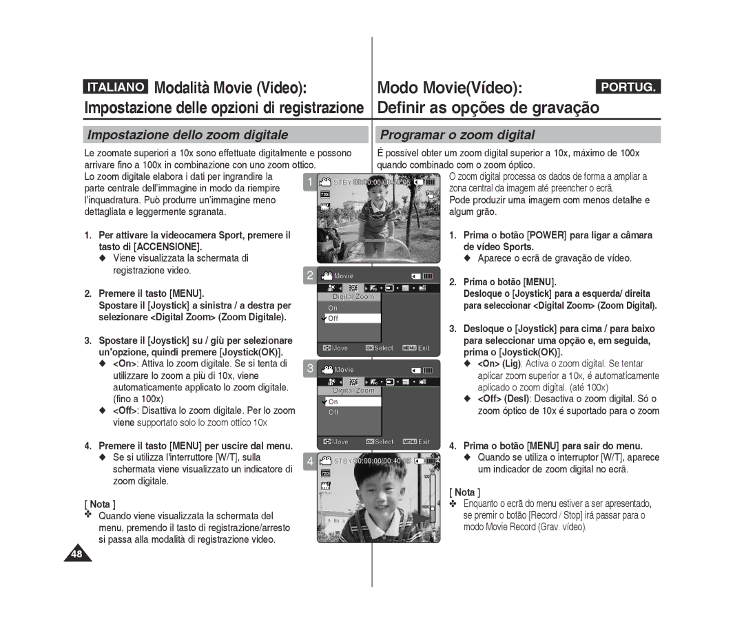 Samsung VP-X300/XET, VP-X300L/XET manual Impostazione dello zoom digitale Programar o zoom digital 