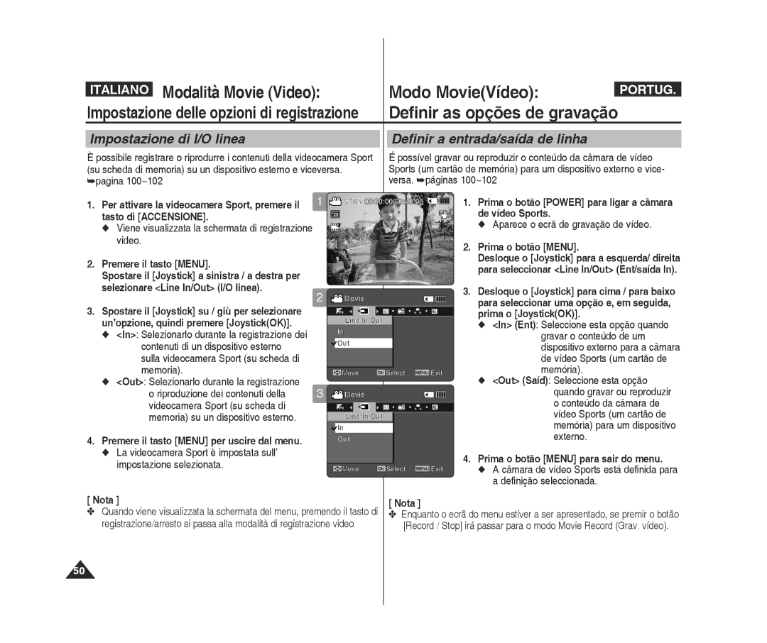 Samsung VP-X300/XET, VP-X300L/XET manual Impostazione di I/O linea Definir a entrada/saída de linha 