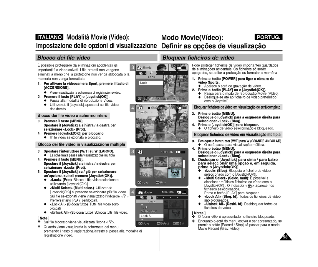 Samsung VP-X300L/XET manual Blocco dei file video Bloquear ficheiros de vídeo, Blocco dei file video a schermo intero 