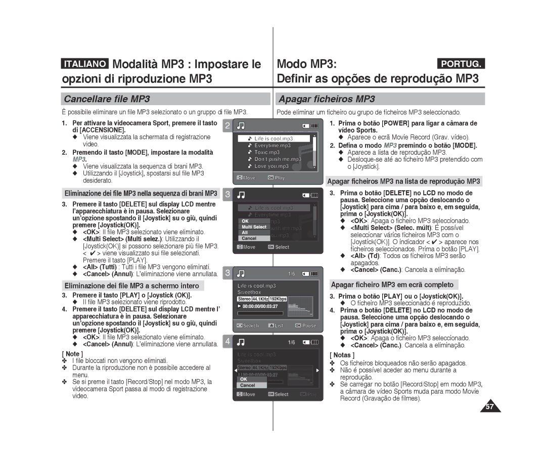 Samsung VP-X300L/XET, VP-X300/XET manual Modalità MP3 Impostare le Modo Mp3, Cancellare file MP3, Apagar ficheiros Mp3 