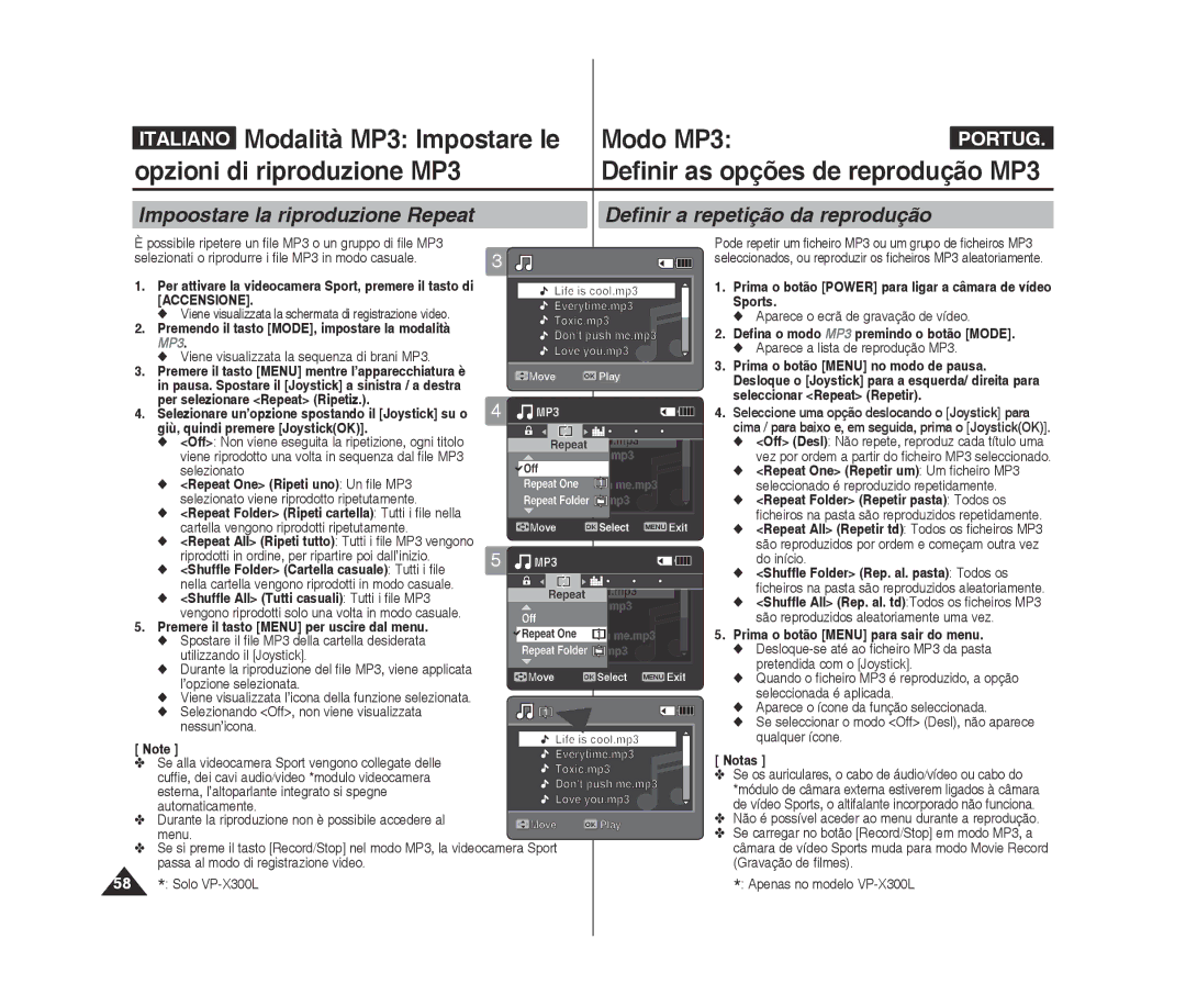 Samsung VP-X300/XET, VP-X300L/XET Accensione, Viene visualizzata la sequenza di brani MP3, Per selezionare Repeat Ripetiz 