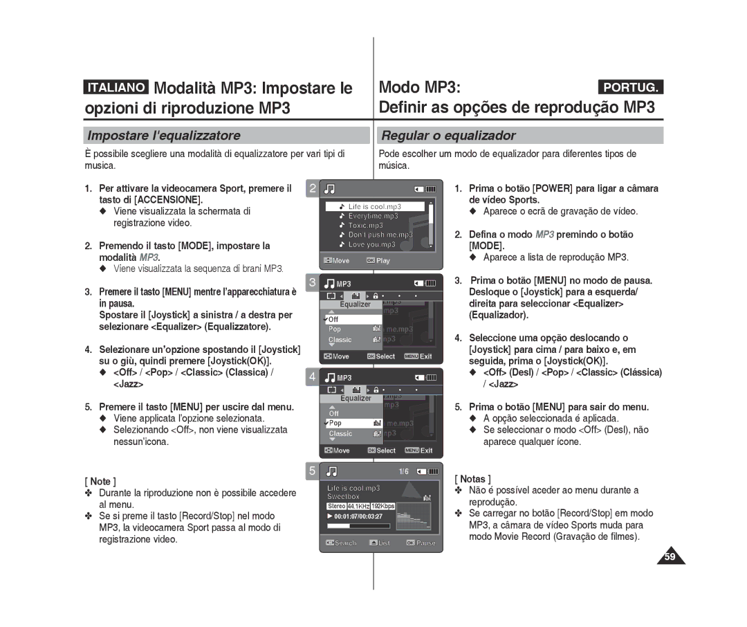 Samsung VP-X300L/XET Impostare lequalizzatore Regular o equalizador, Premendo il tasto MODE, impostare la modalità MP3 