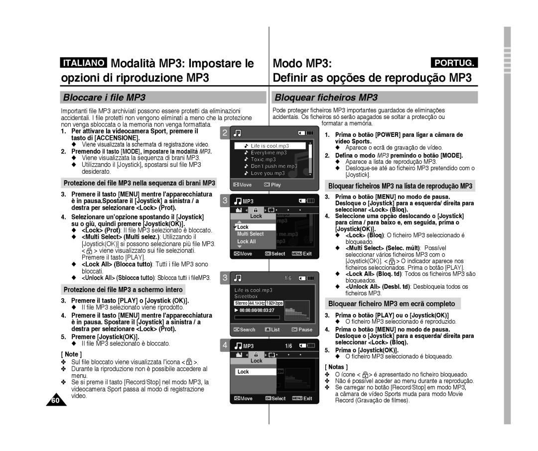 Samsung VP-X300/XET, VP-X300L/XET Italiano Modalità MP3 Impostare le Modo MP3, Bloccare i file MP3 Bloquear ficheiros Mp3 