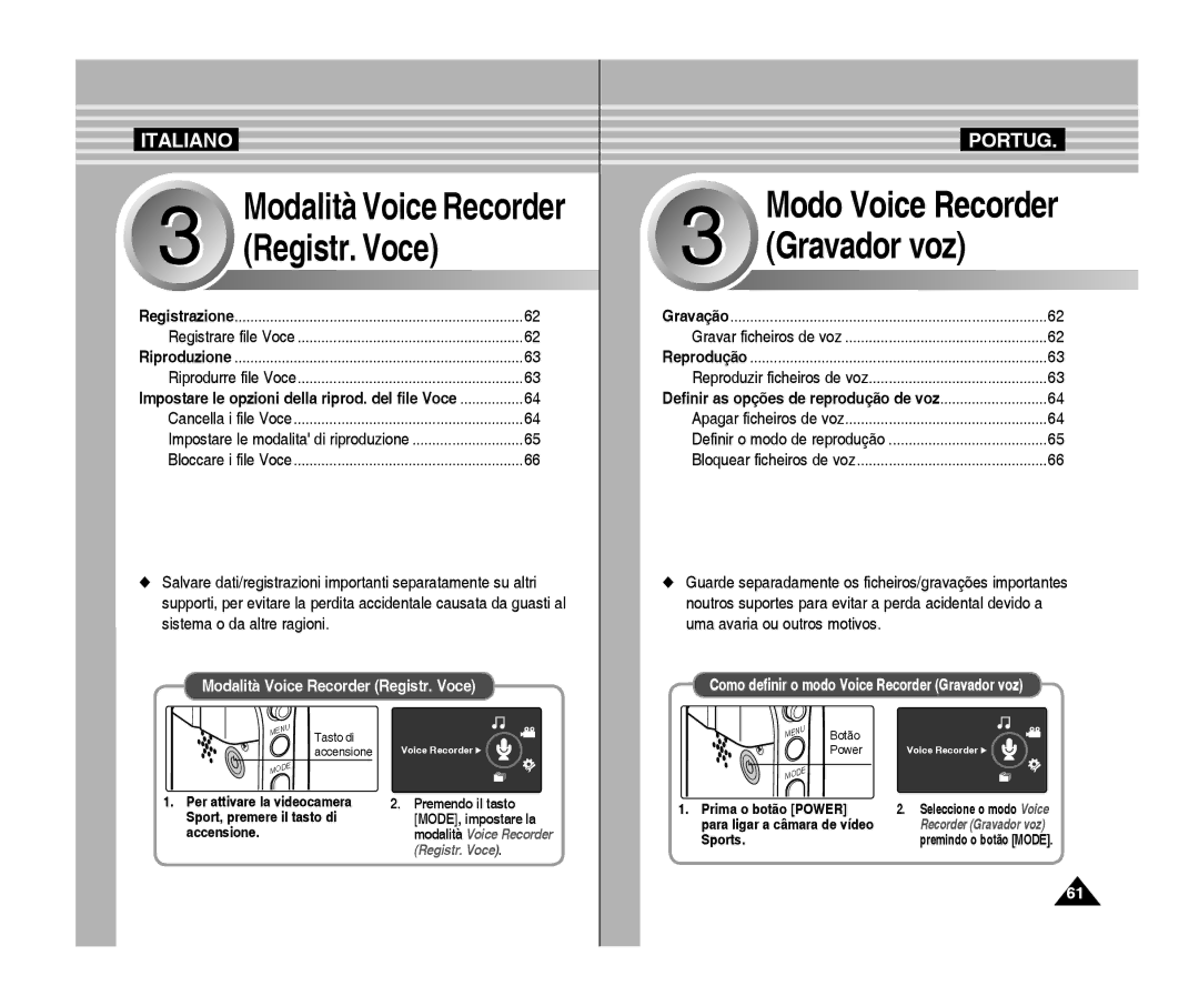 Samsung VP-X300L/XET, VP-X300/XET manual Modalità Voice Recorder Registr. Voce, Impostare le modalita di riproduzione 