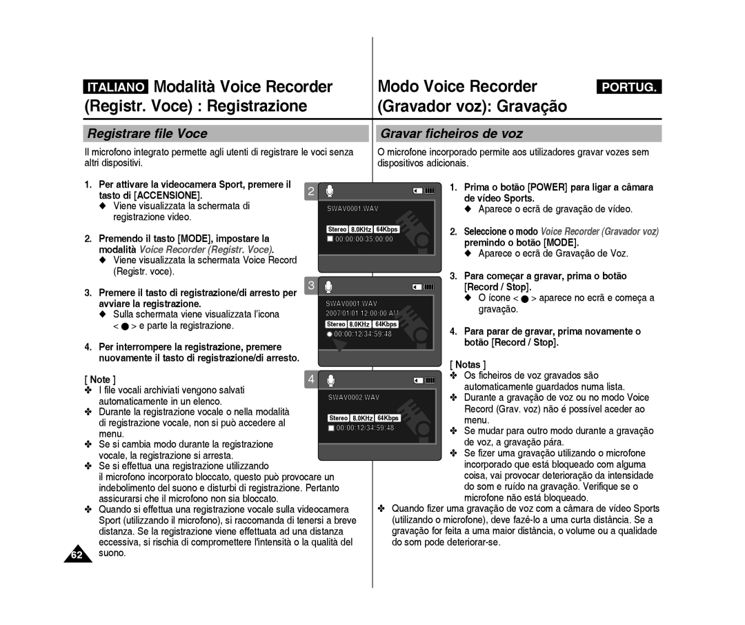 Samsung VP-X300/XET, VP-X300L/XET manual Modalità Voice Recorder Modo Voice Recorder, Registr. Voce Registrazione 