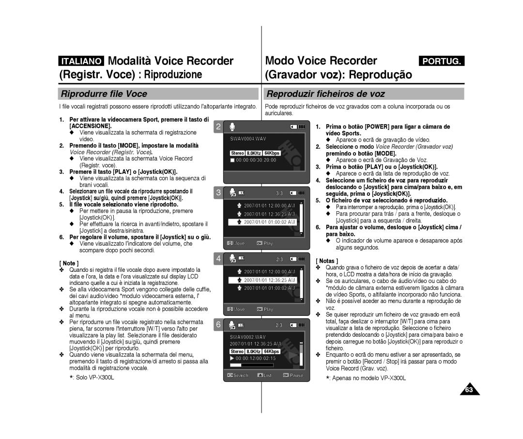 Samsung VP-X300L/XET, VP-X300/XET manual Registr. Voce Riproduzione, Riprodurre file Voce Reproduzir ficheiros de voz 