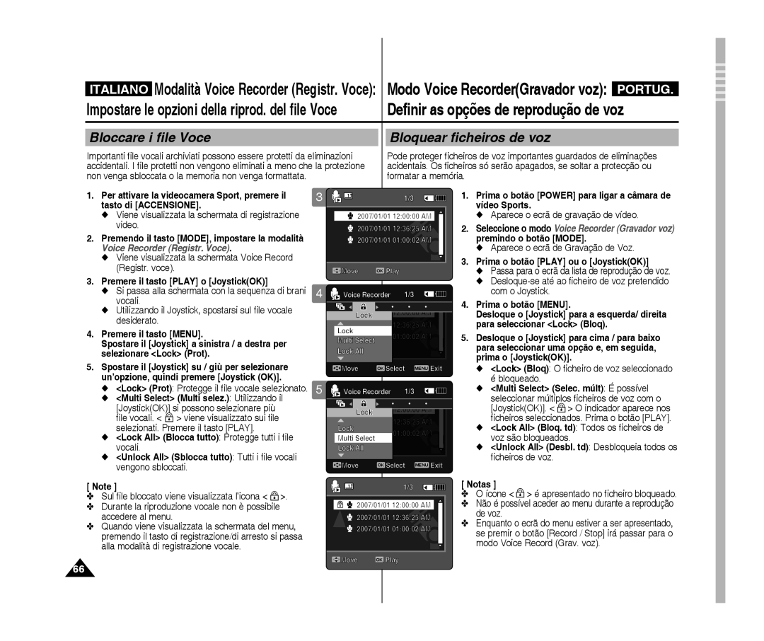 Samsung VP-X300/XET Bloccare i file Voce, Bloquear ficheiros de voz, Lock Bloq O ficheiro de voz seleccionado é bloqueado 