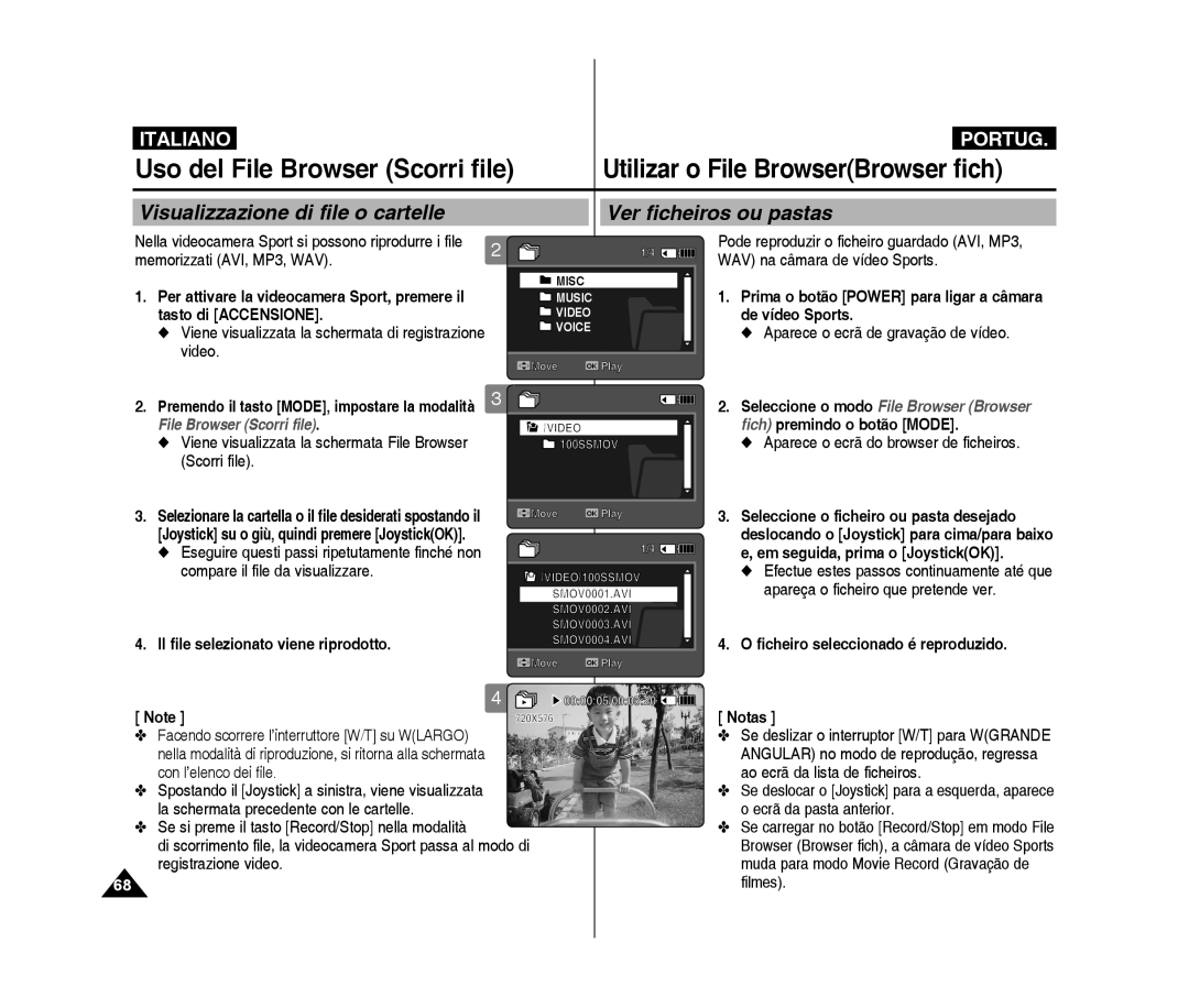 Samsung VP-X300/XET manual Uso del File Browser Scorri file, WAV na câmara de vídeo Sports, Fich premindo o botão Mode 