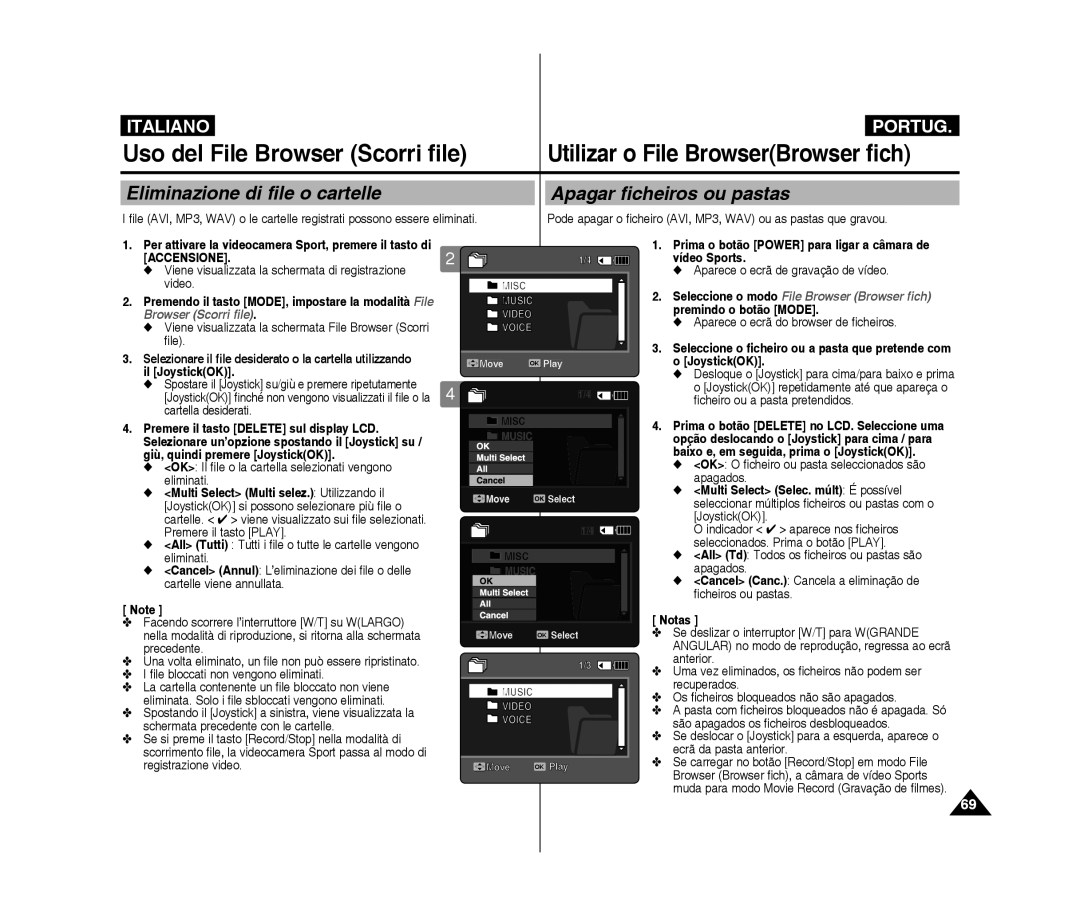 Samsung VP-X300L/XET Eliminazione di file o cartelle Apagar ficheiros ou pastas, Accensione Vídeo Sports, Il JoystickOK 