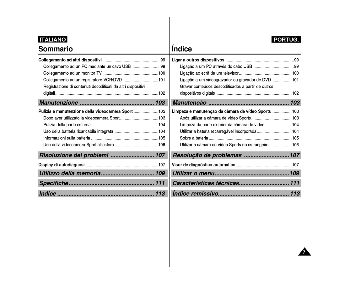 Samsung VP-X300L/XET, VP-X300/XET manual 103, 107, 109, 113, Características técnicas 111 