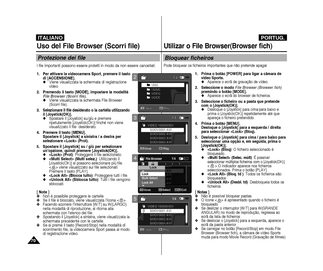 Samsung VP-X300/XET manual Protezione dei file Bloquear ficheiros, Unlock All Sblocca tutto Tutti i file vengono sbloccati 