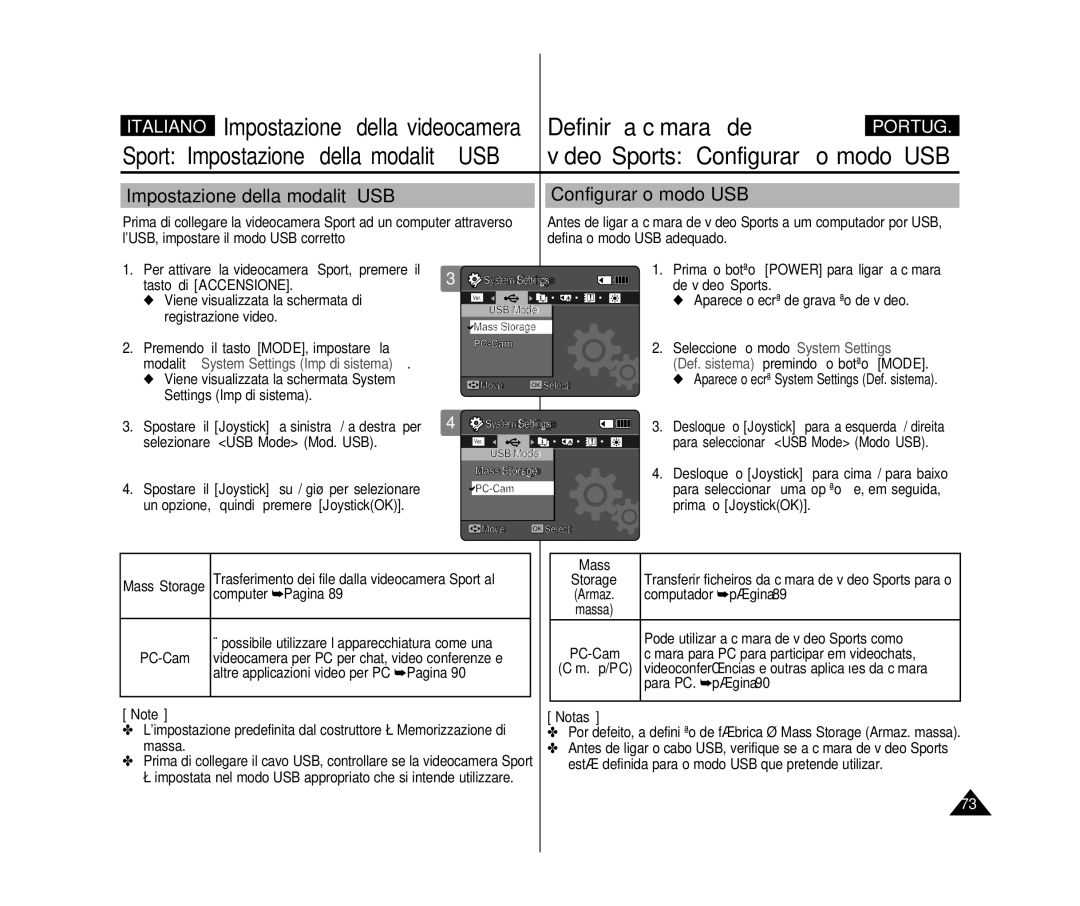 Samsung VP-X300L/XET, VP-X300/XET manual Definir a câmara de, Impostazione della modalità USB Configurar o modo USB, Mass 