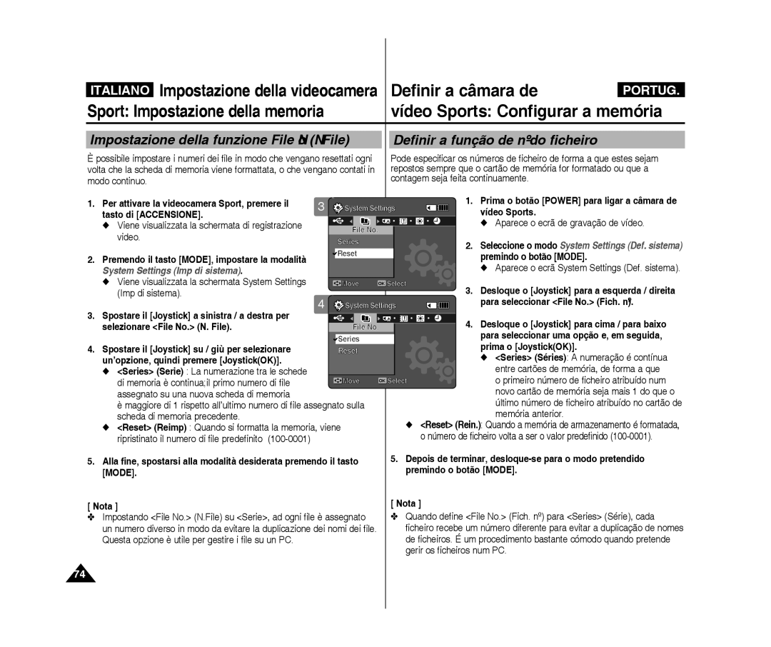 Samsung VP-X300/XET, VP-X300L/XET manual Impostazione della funzione File No N. File, Definir a função de nº do ficheiro 