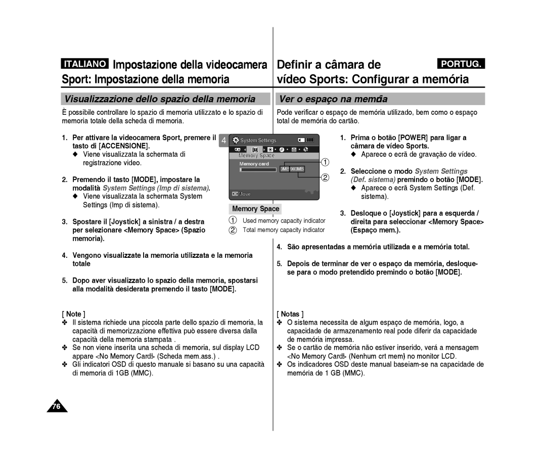 Samsung VP-X300/XET Prima o botão power para ligar a, Registrazione video, Seleccione o modo System Settings, Espaço mem 