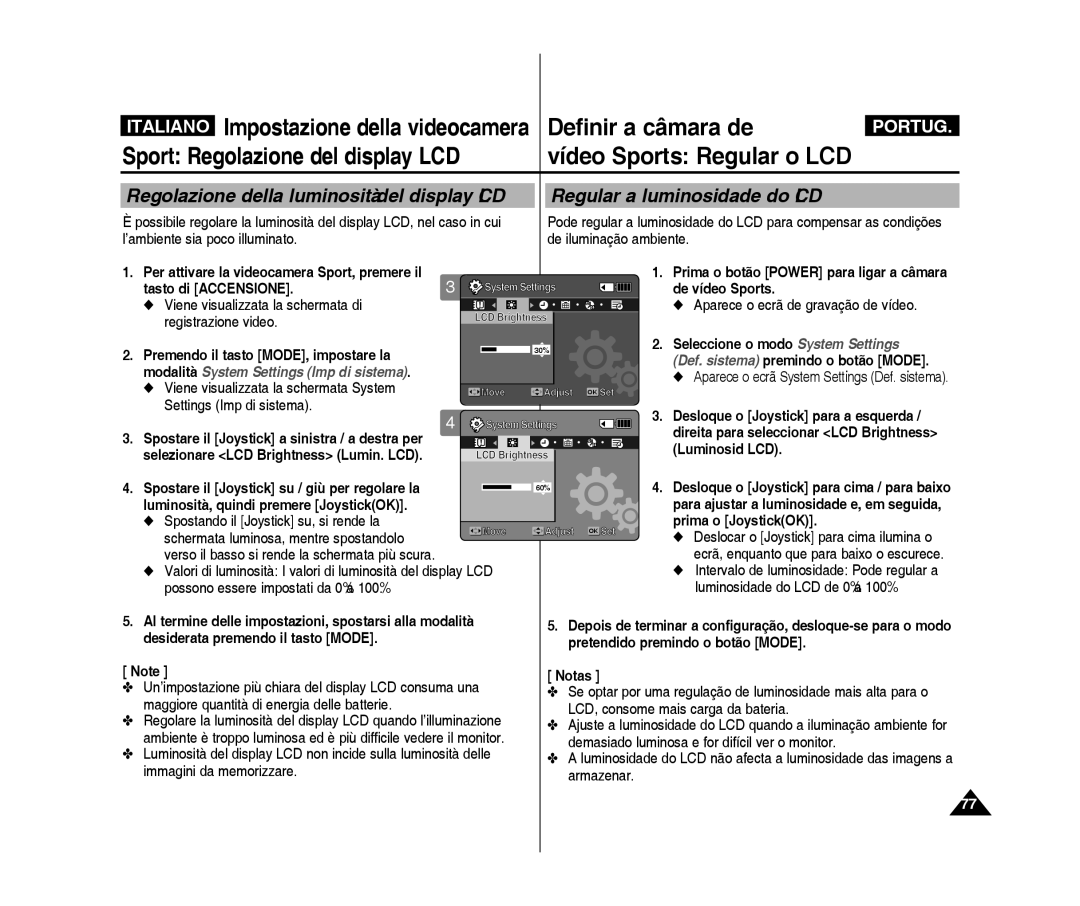 Samsung VP-X300L/XET, VP-X300/XET Sport Regolazione del display LCD, Luminosid LCD, Spostando il joystick su, si rende la 