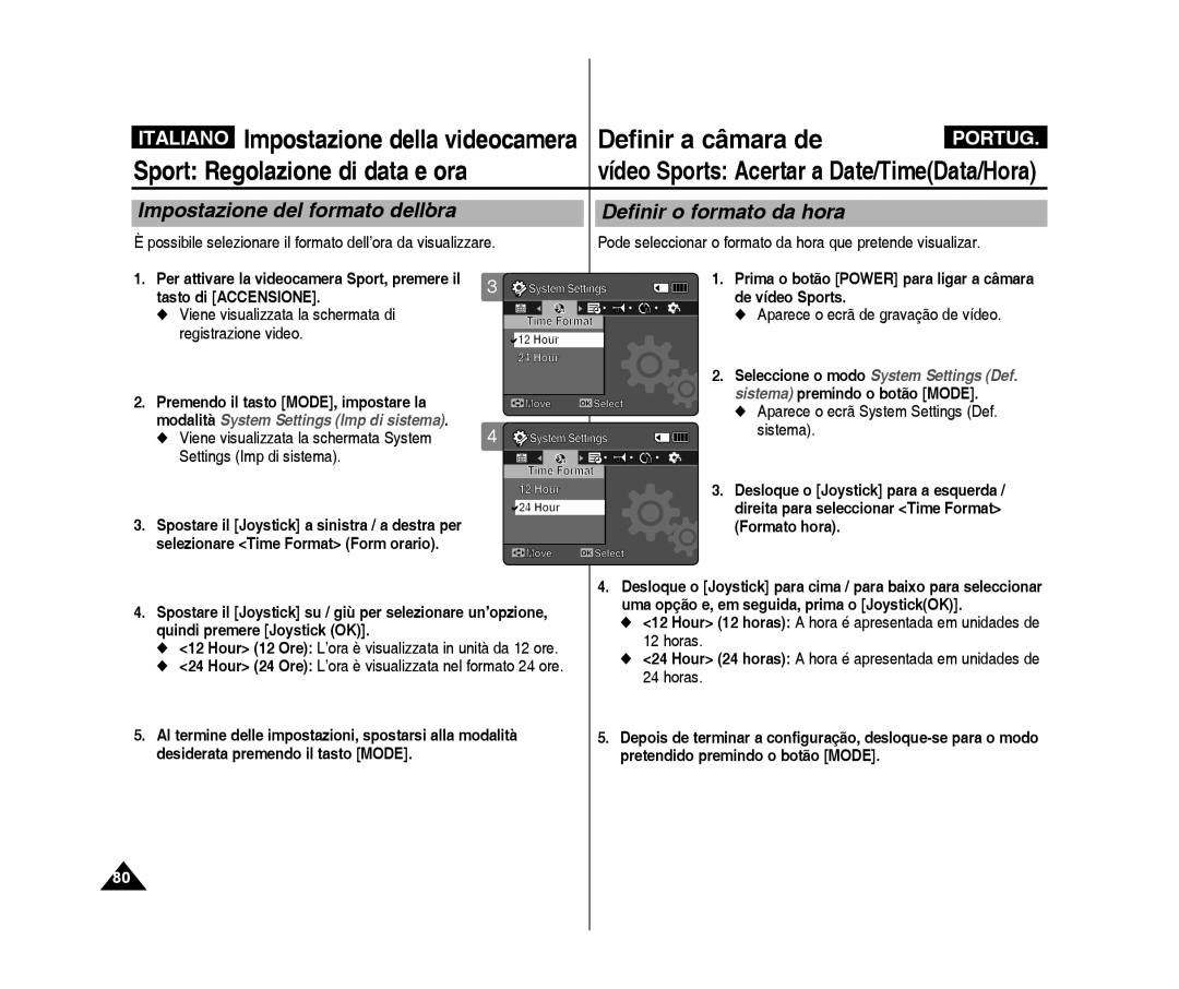 Samsung VP-X300/XET, VP-X300L/XET Impostazione del formato dell’ora, Definir o formato da hora, Settings Imp di sistema 