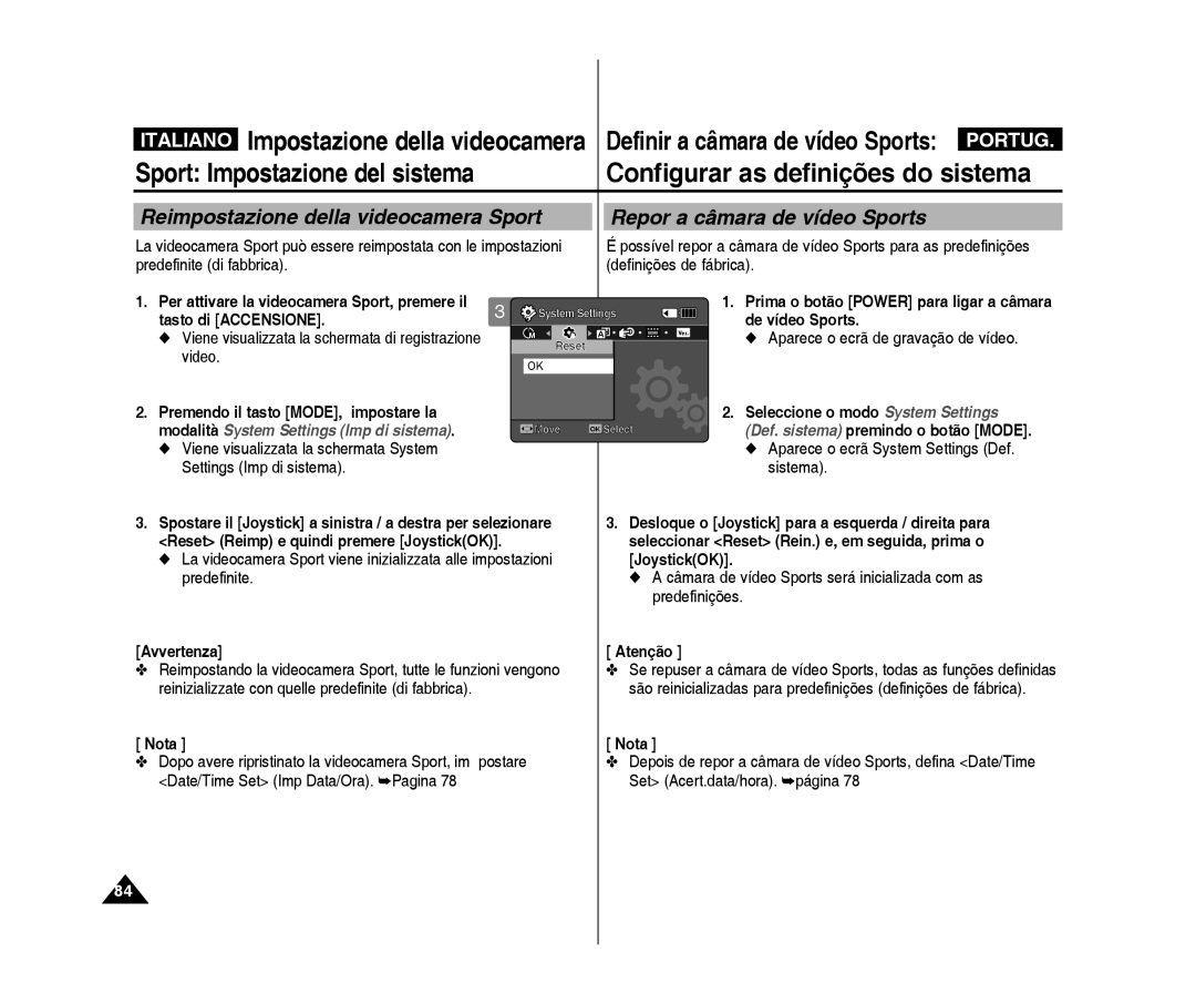 Samsung VP-X300/XET, VP-X300L/XET manual Reimpostazione della videocamera Sport, Repor a câmara de vídeo Sports 