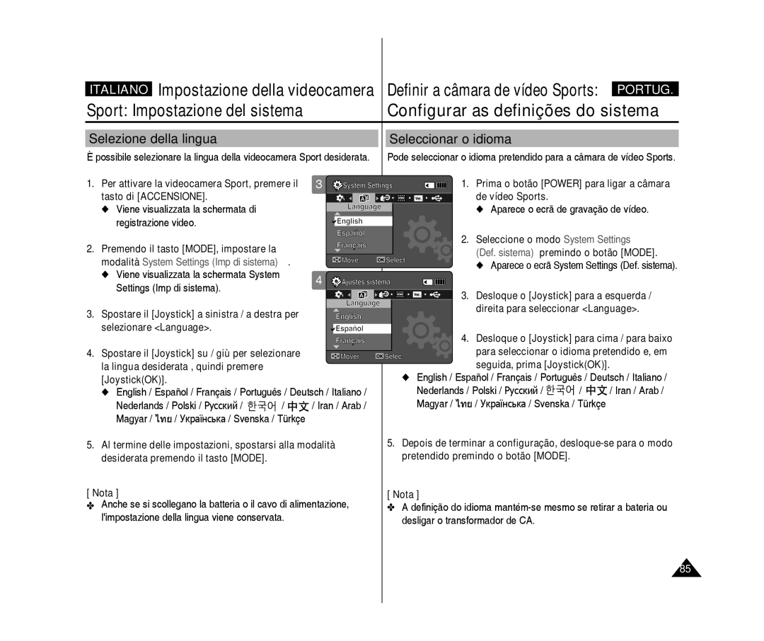 Samsung VP-X300L/XET Selezione della lingua Seleccionar o idioma, Direita para seleccionar Language, Selezionare Language 