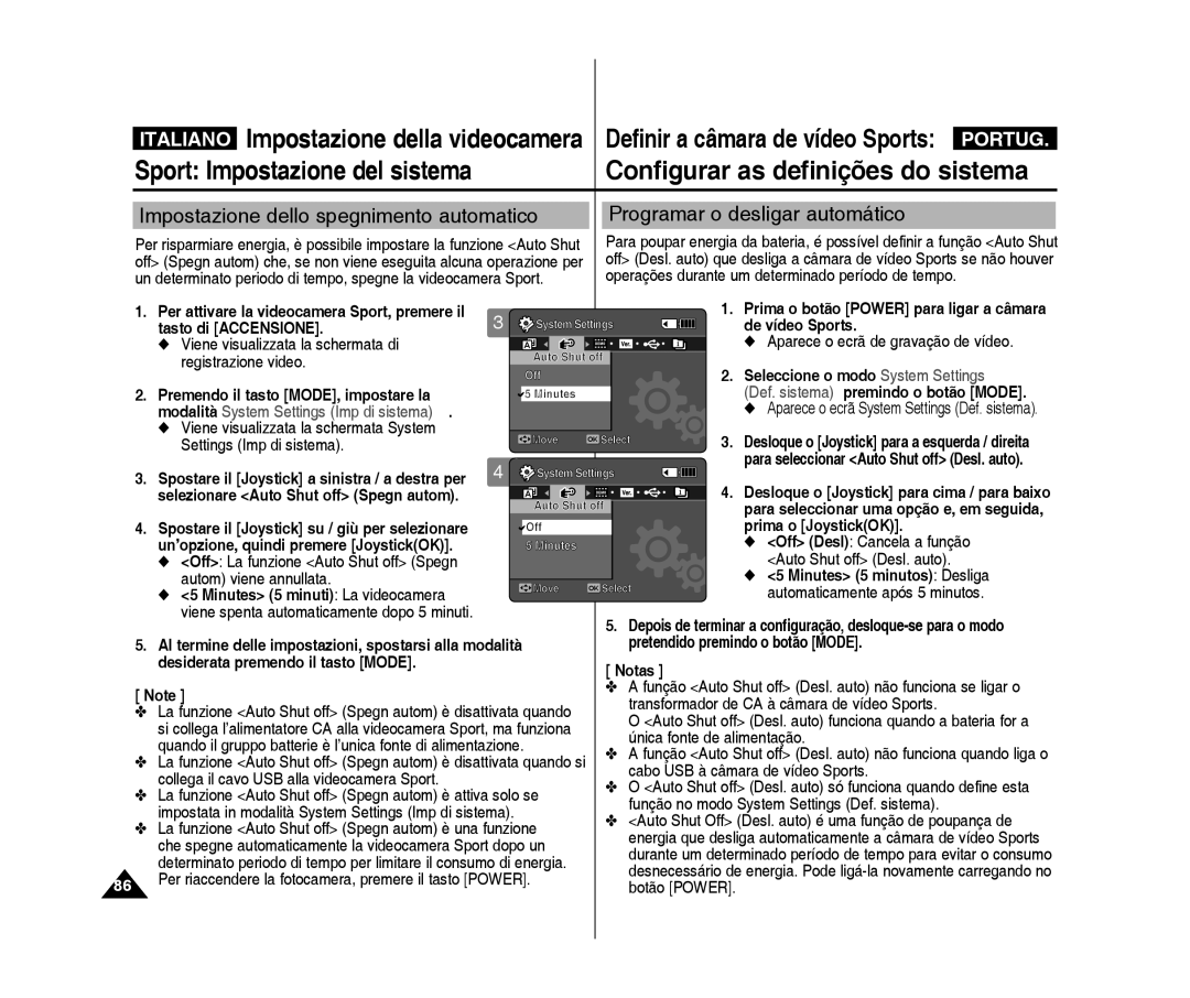 Samsung VP-X300/XET, VP-X300L/XET manual Minutes 5 minutos Desliga, Desiderata premendo il tasto Mode Notas 