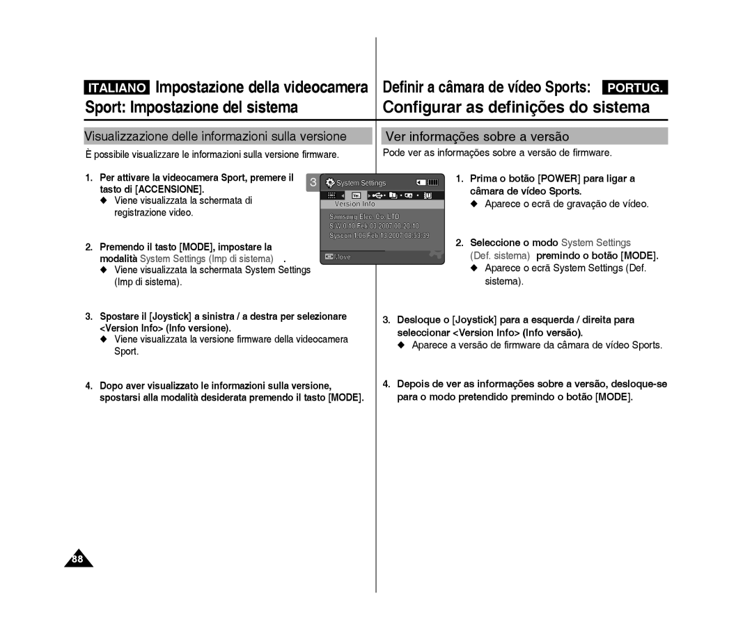 Samsung VP-X300/XET Ver informações sobre a versão, Aparece a versão de firmware da câmara de vídeo Sports, Version Info 