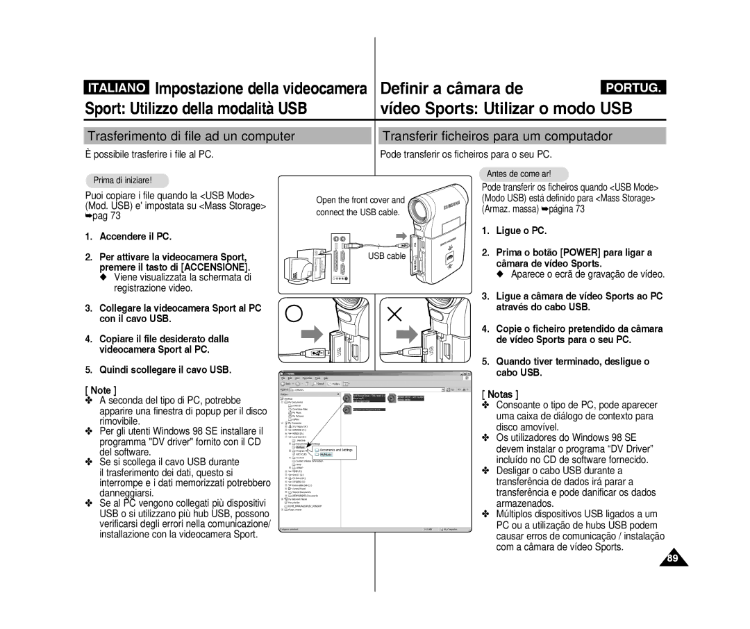 Samsung VP-X300L/XET, VP-X300/XET manual Accendere il PC, Ligue o PC, Quindi scollegare il cavo USB, Cabo USB 