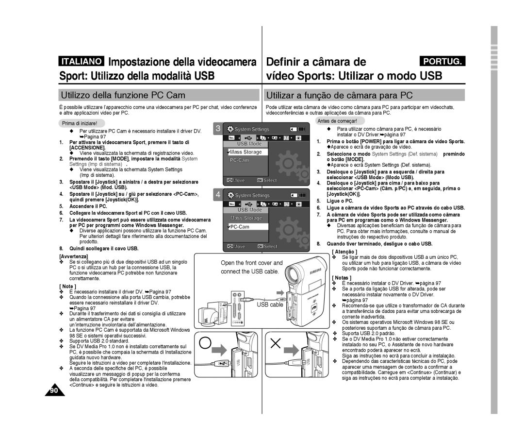 Samsung VP-X300/XET manual Accensione Mass Storage, Premendo il tasto MODE, impostare la modalità System, Botão Mode 