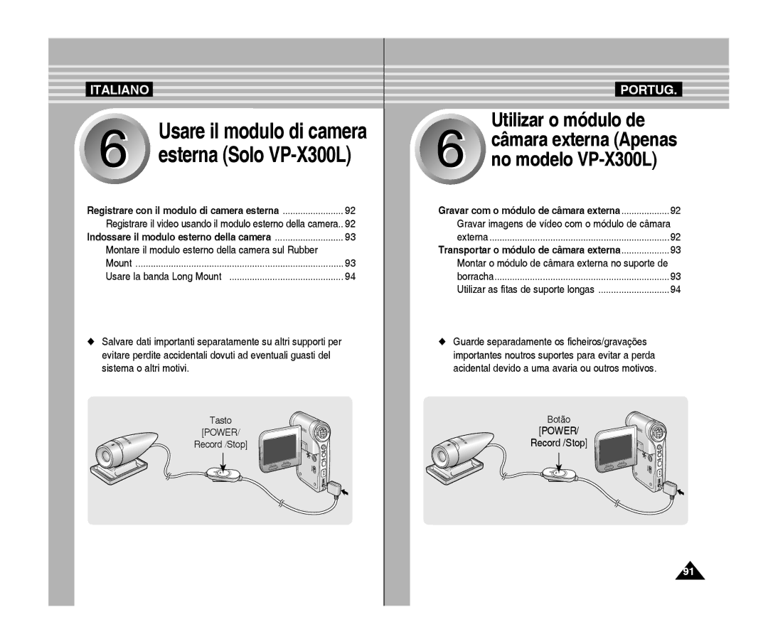 Samsung VP-X300L/XET, VP-X300/XET manual Usare il modulo di camera, Câmara externa Apenas no modelo VP-X300L 