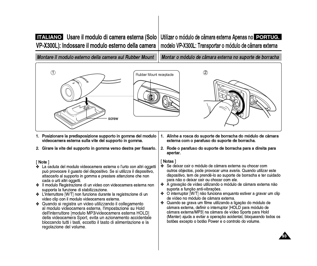 Samsung VP-X300L/XET Usare il modulo di camera esterna Solo, VP-X300L Indossare il modulo esterno della camera, Screw 