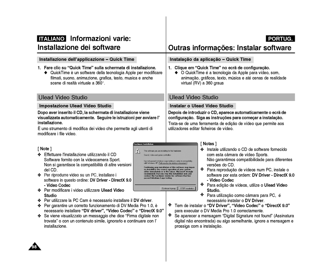 Samsung VP-X300/XET, VP-X300L/XET manual Clique em Quick Time no ecrã de configuração, Instalar o Ulead Video Studio 