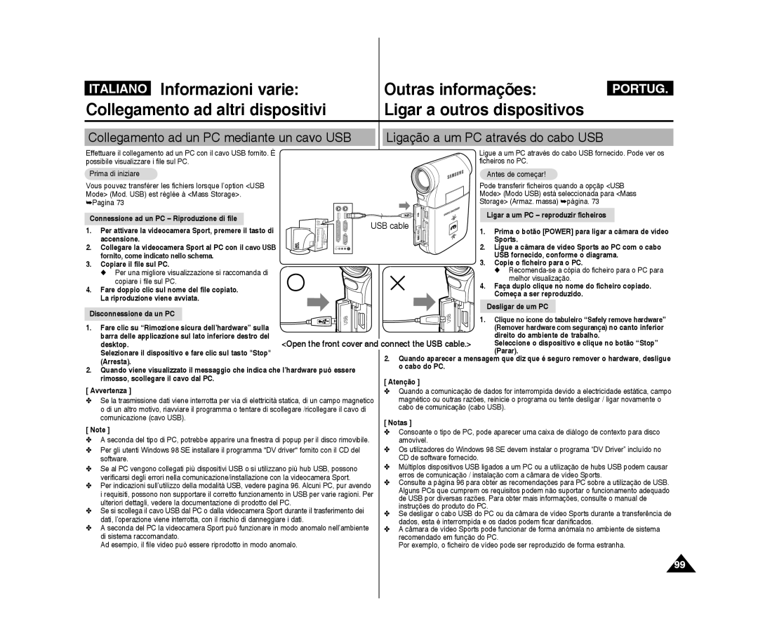 Samsung VP-X300L/XET, VP-X300/XET manual Informazioni varie Outras informações, Collegamento ad altri dispositivi 