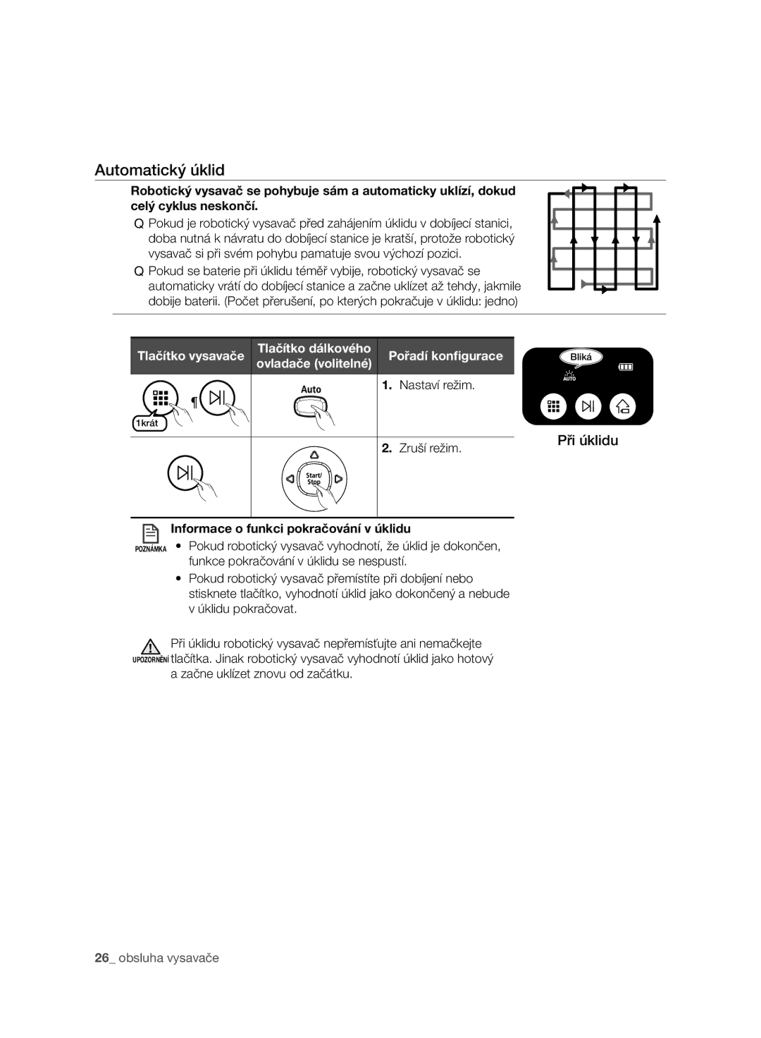 Samsung VR10ATBATRD/SW, VR10ATBATBB/EO, VR10ATBATGY/EG Automatický úklid, Tlačítko vysavače, Nastaví režim, Zruší režim 