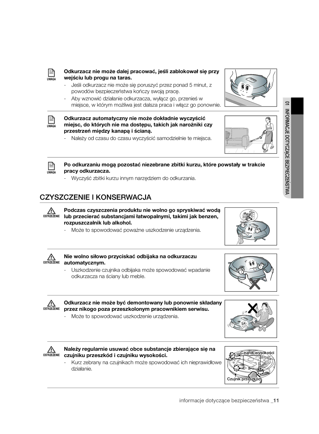 Samsung VR10ATBATGY/EG manual Czyszczenie I Konserwacja, Przestrzeń między kanapą i ścianą, Rozpuszczalnik lub alkohol 