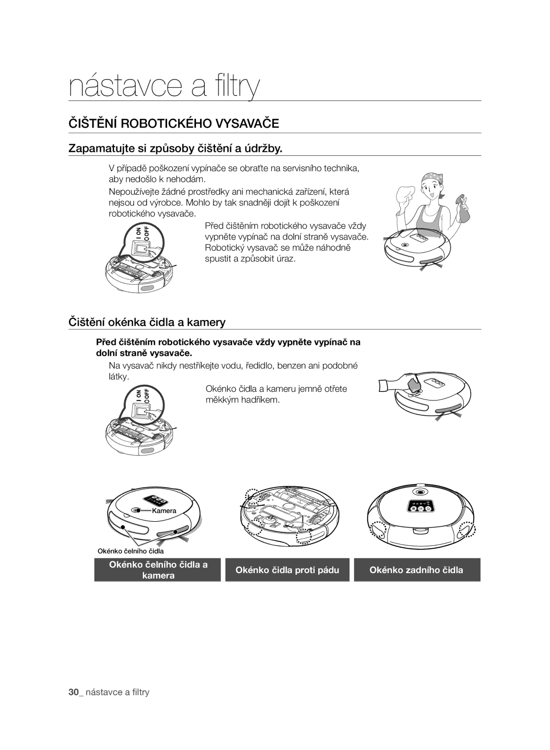 Samsung VR10ATBATBB/EO manual Nástavce a ﬁ ltry, Čištění Robotického Vysavače, Zapamatujte si způsoby čištění a údržby 