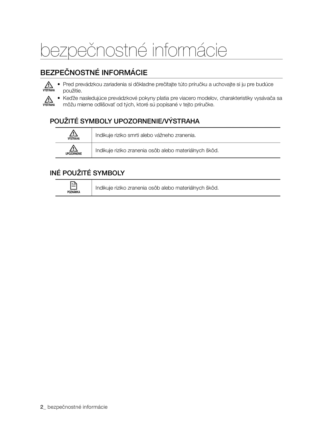 Samsung VR10BTBATBB/EF manual Bezpečnostné informácie, Bezpečnostné Informácie, Použité Symboly UPOZORNENIE/VÝSTRAHA 