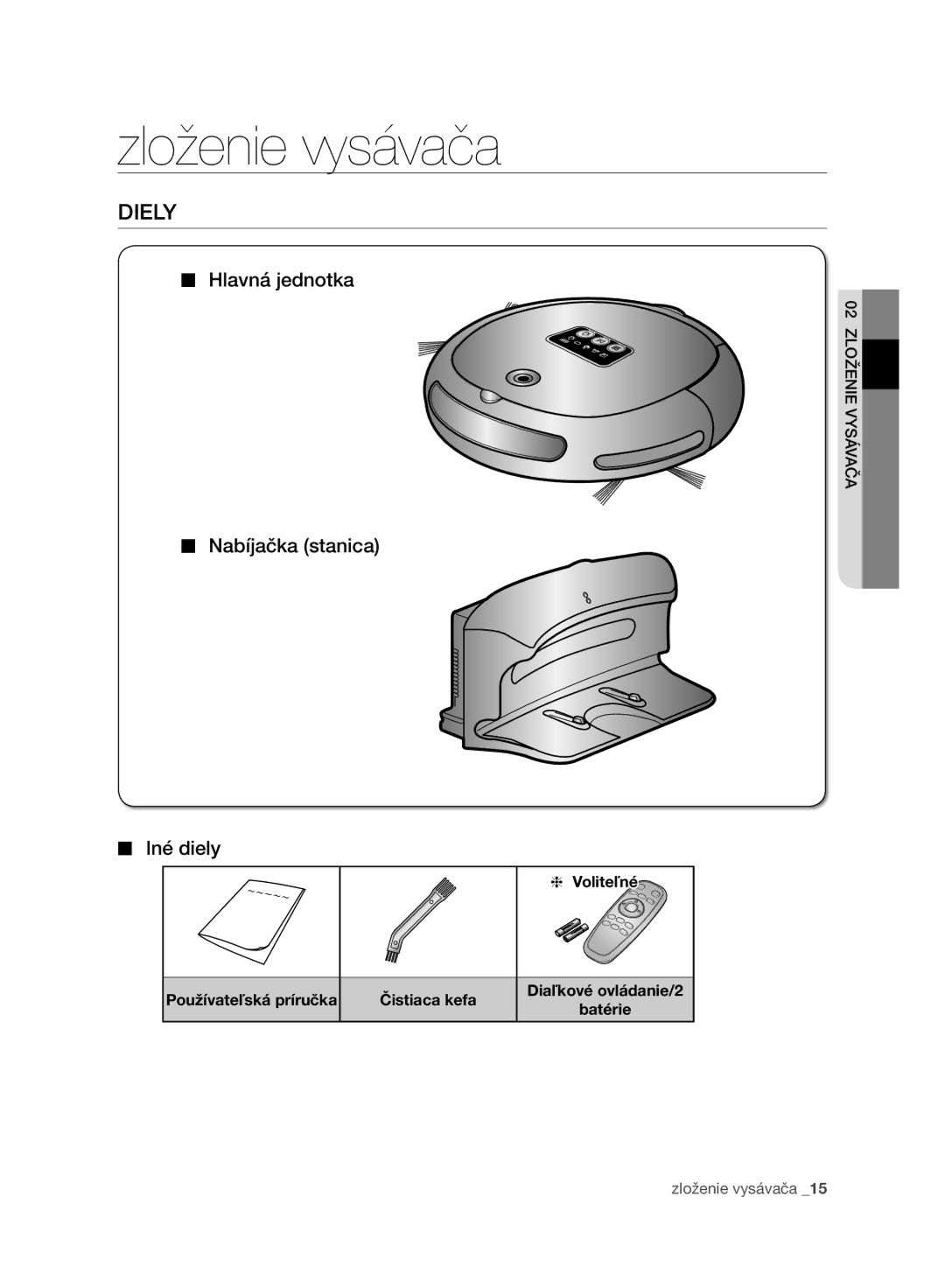 Samsung VR10BTBATGY/SW, VR10ATBATBB/EO manual Zloženie vysávača, Diely, Hlavná jednotka, Nabíjačka stanica Iné diely 